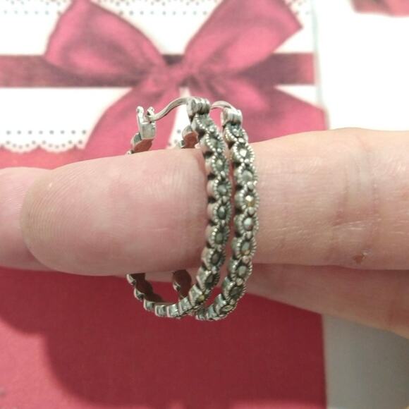 925 Sterling Silver Hoop Huggie Earrings Round Marcasites Signed A Jewelry Lot - Picture 3 of 14